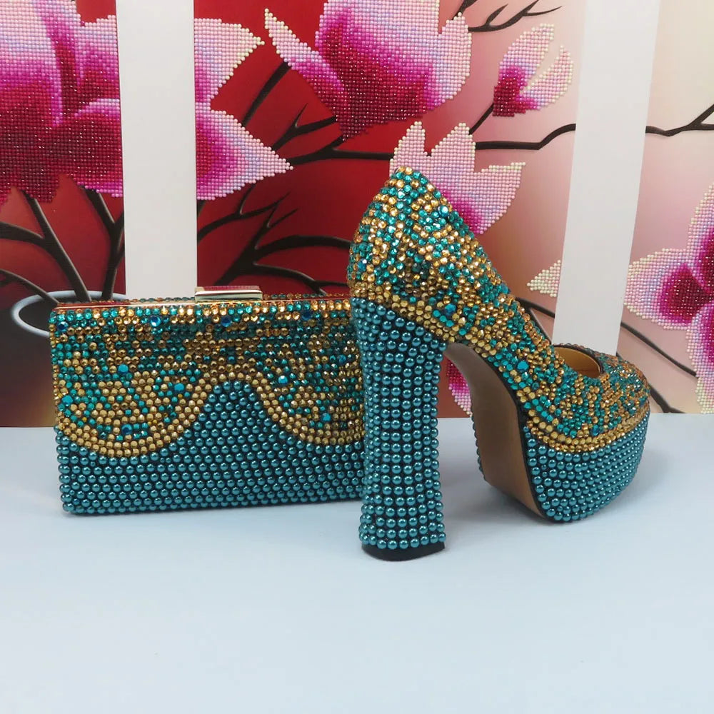 Maxy Fashion Teal Blue Mix Color Wedding Shoes and bag Set Woman 14CM High Pumps Thick Heel Party Shoes Matching Bag Round Toe Pumps