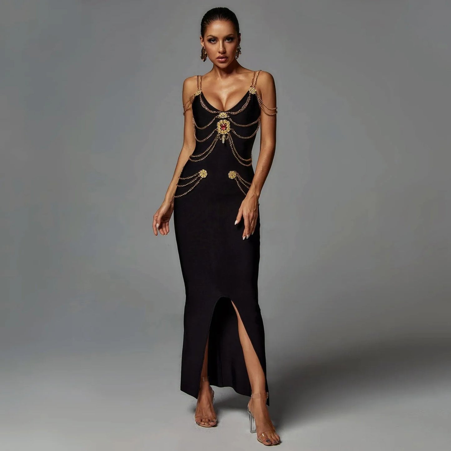 Maxy Ladies HL Bandage Strap Metal Embellishment Maxy Bodycon Long Dress Celebrity Fashion Red Carpet Outfit High Quality