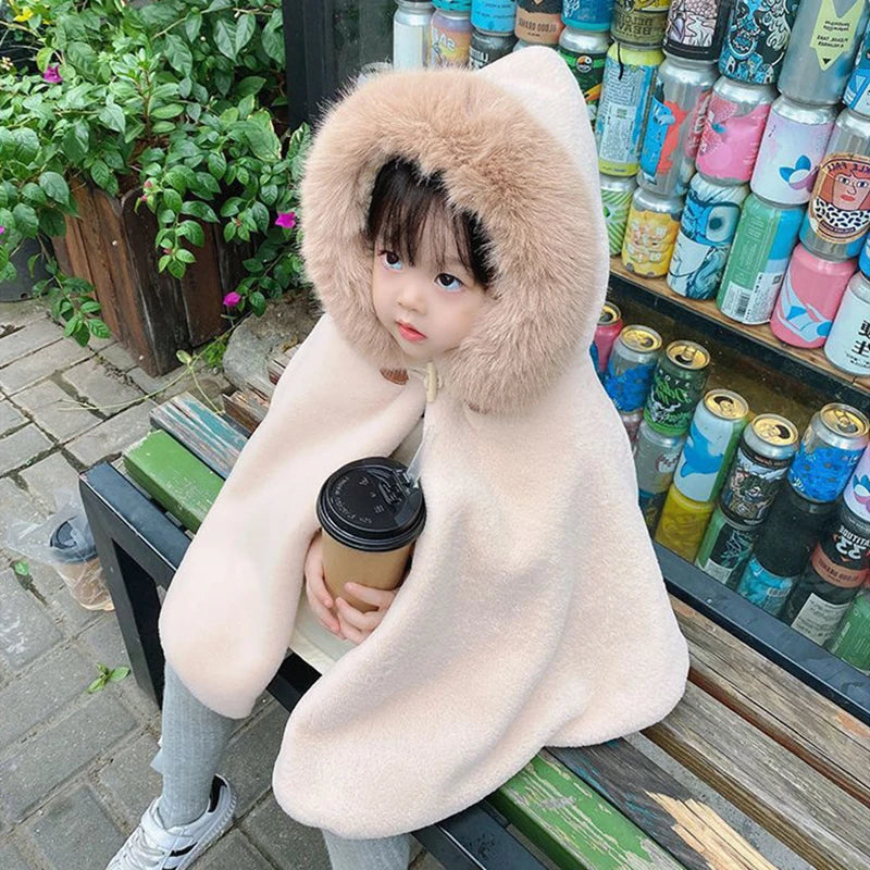 Babs Girl Cloak Faux Fur Winter Infant Toddler Child Princess Hooded Cape Fur Collar Baby Outwear Top Warm Clothes 1-7 Years Old