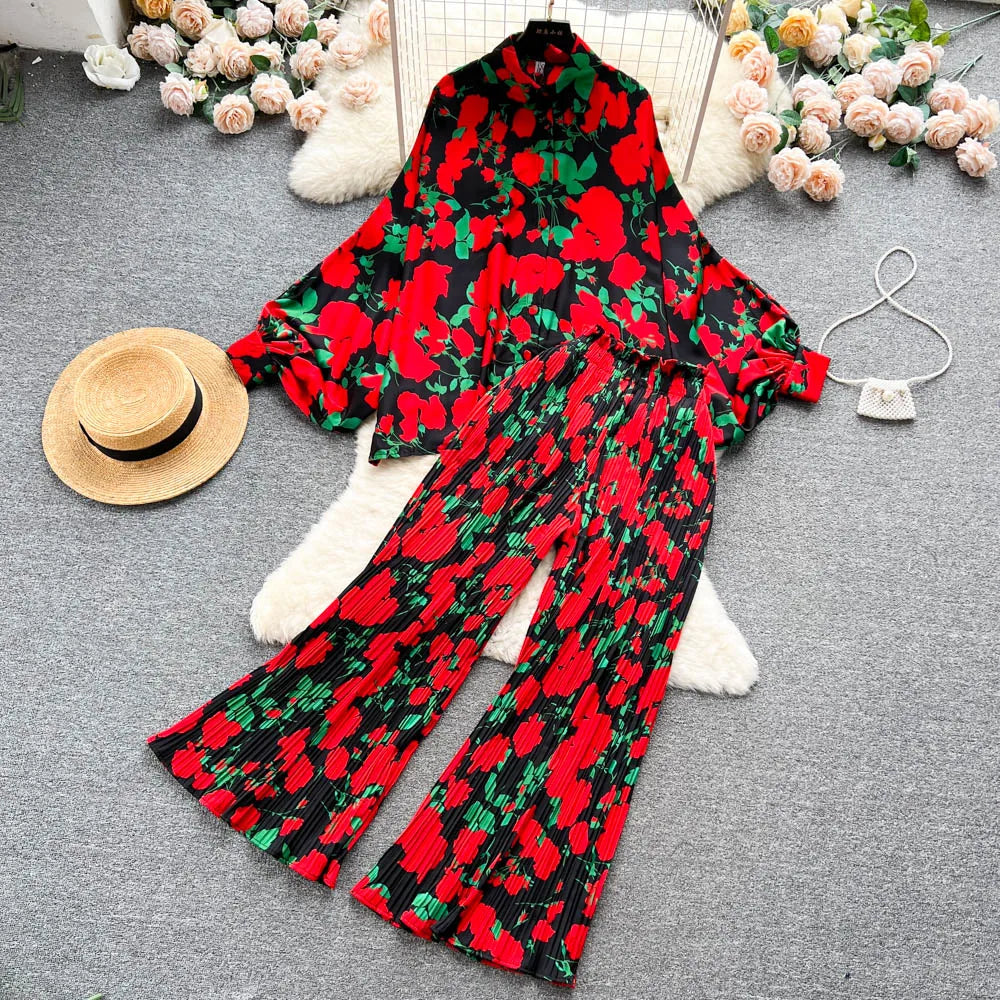 Maxy Fashion Elegant 2 Pieces Suit Women Design Sense Batwing Sleeve Shirt Tops + Loose Pleated Wide-leg Pants Female Clothes