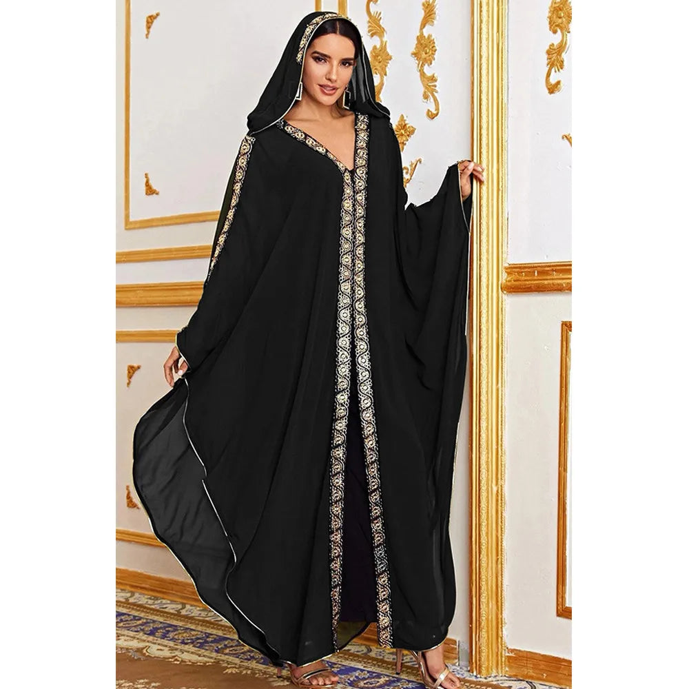 Maxy Morocco Kaftan Dubai Hooded Maxi Dress Bat Sleeve Farasha Kaftan Muslim Women African Open Kimono Boubou Evening Long Gown