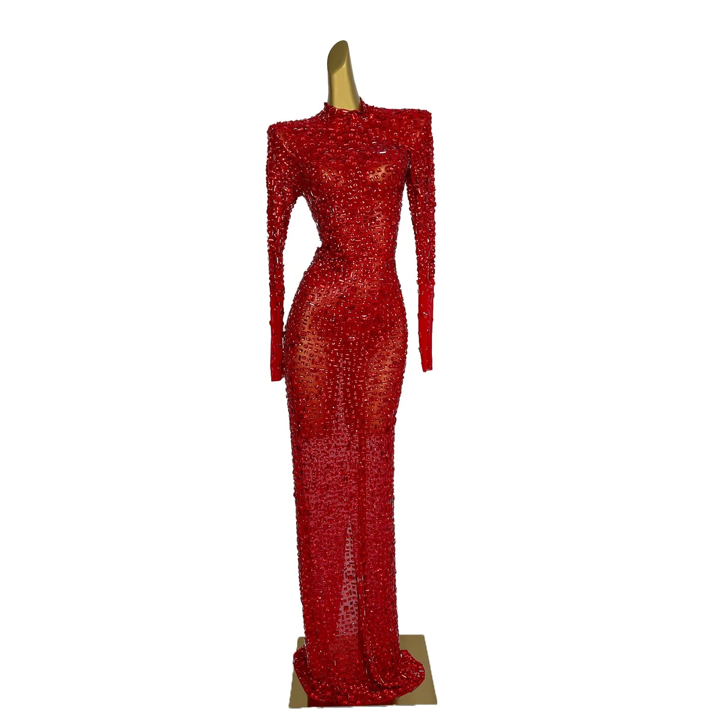 Maxy Red Diamonds Dress See Through Long Sleeve Evening Dress Festival Clothing Rhinestone Prom Gowns  Special Occasion Dress Gesebei