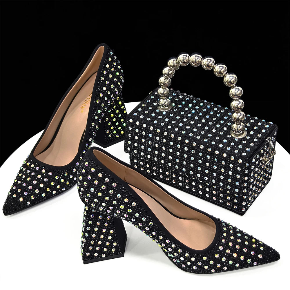Maxy Venus Chan High Heels with Bag, Elegant Pointed Toe for Party, African Black Shiny Rhinestone Shoes Set of Italian 2024