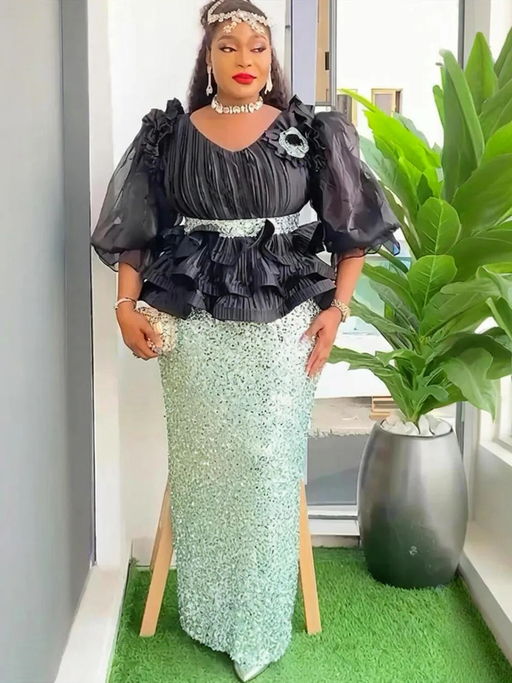 Amay Plus Size Evening Dresses for Women African Luxury Sequin Gown Elegant Turkey Wedding Party Long Dress Ankara Ladies Clothing
