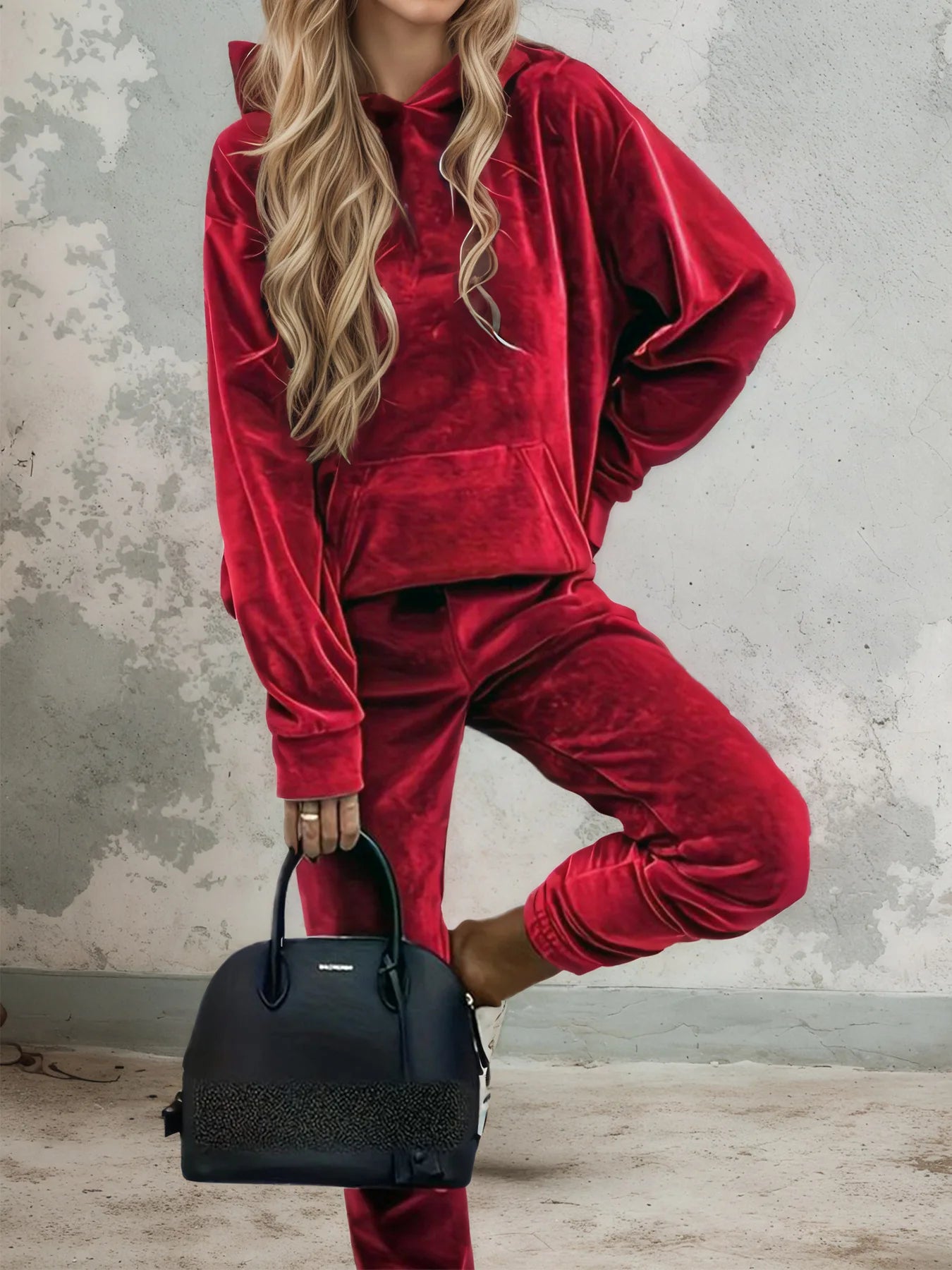 Maxy Autumn Winter Velvet Tracksuit Set Elegant Soft Pocket Pullover Top Female Loose Sweatsuit Pants Suit Two Piece Set Outfits