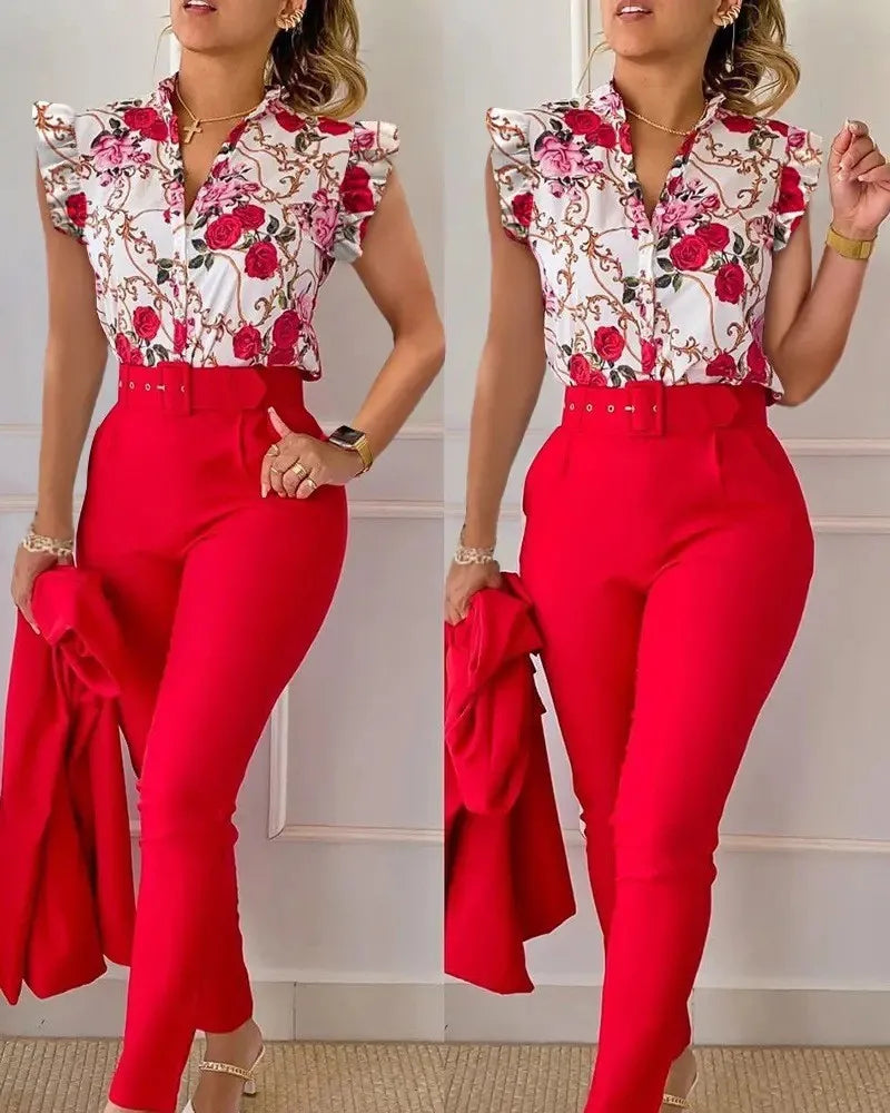 Maxy Elegant Women Two Piece Set Suits New Fashion Printed Ruffle Sleeve Top Solid Color Pants Set With Belt  Blouses Female Clothing