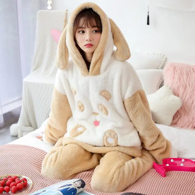 Winter Thick Warm Flannel Pajamas Sets For Women Sleepwear Pajama Homewear Pyjamas Set Cartoon Cute Warm Hooded Rabbit Gowns