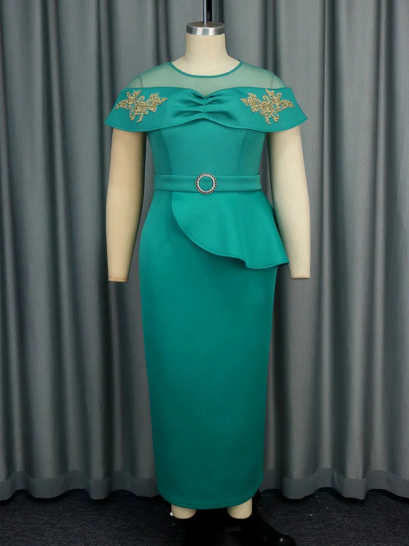 Maxy Women Elegant Green Long Evening Party Dress O Neck Cape Sleeve Appliques Peplum Package Hip Wedding Birthday Banquets Clothing