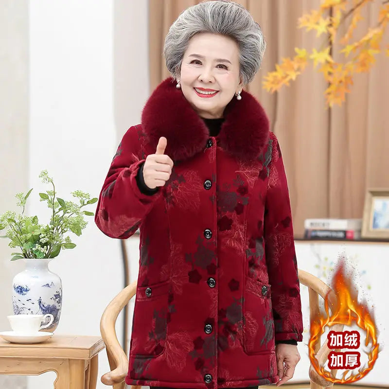 Maxy 5XL Coat Elderly Women Clothing Winter Add Velvet Warm Jacket Female Grandmother Outfit Overcoat Parkas Coat Outerwear W11