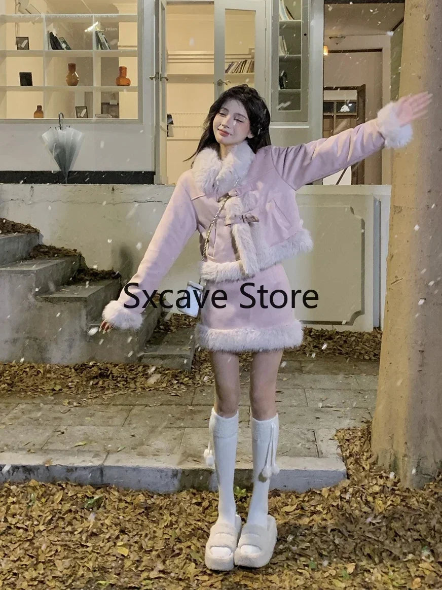 Autumn Retro Faux Fur 2 Piece Skirt Set Women Casual Y2k Vintage Blazers Jacket Coats + Skirts Japanese Kawaii Suit Chic Outfits