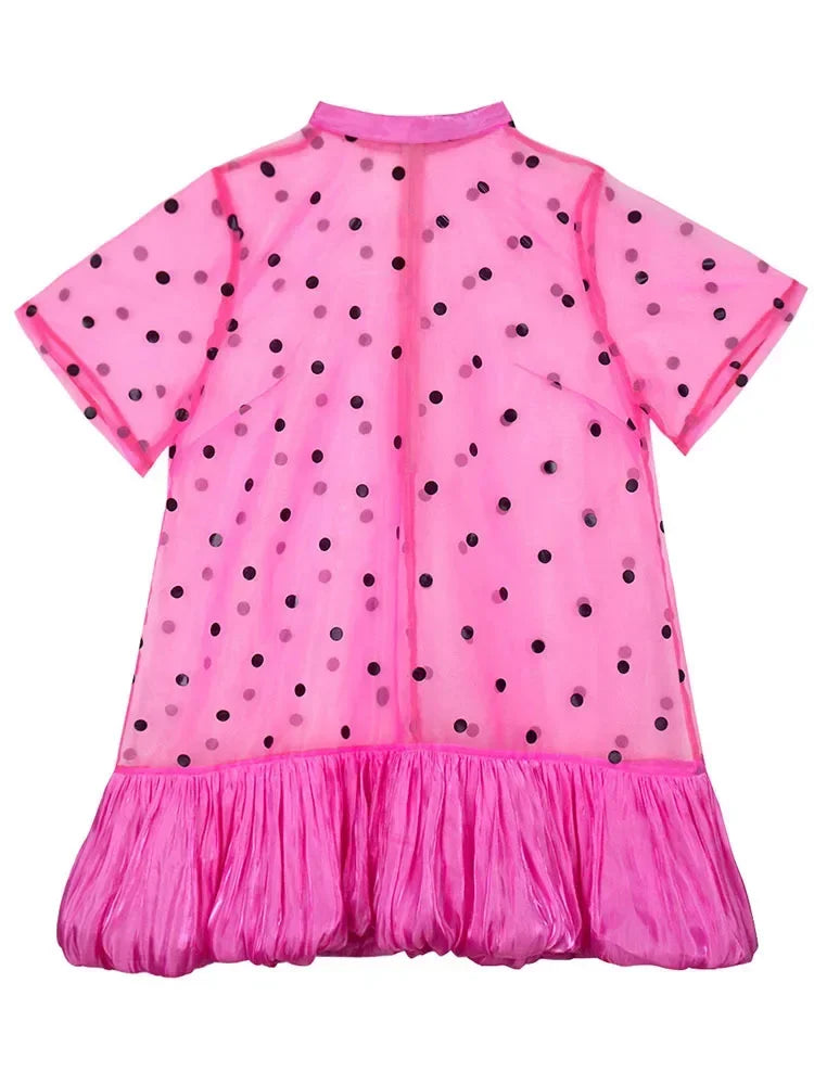 Maxy Pink Polk Dot Ruffle Hem Plus Size Dress See Through Sweet Elegant Casual Party Club Short Sleeve Evening Mini Dress for Women