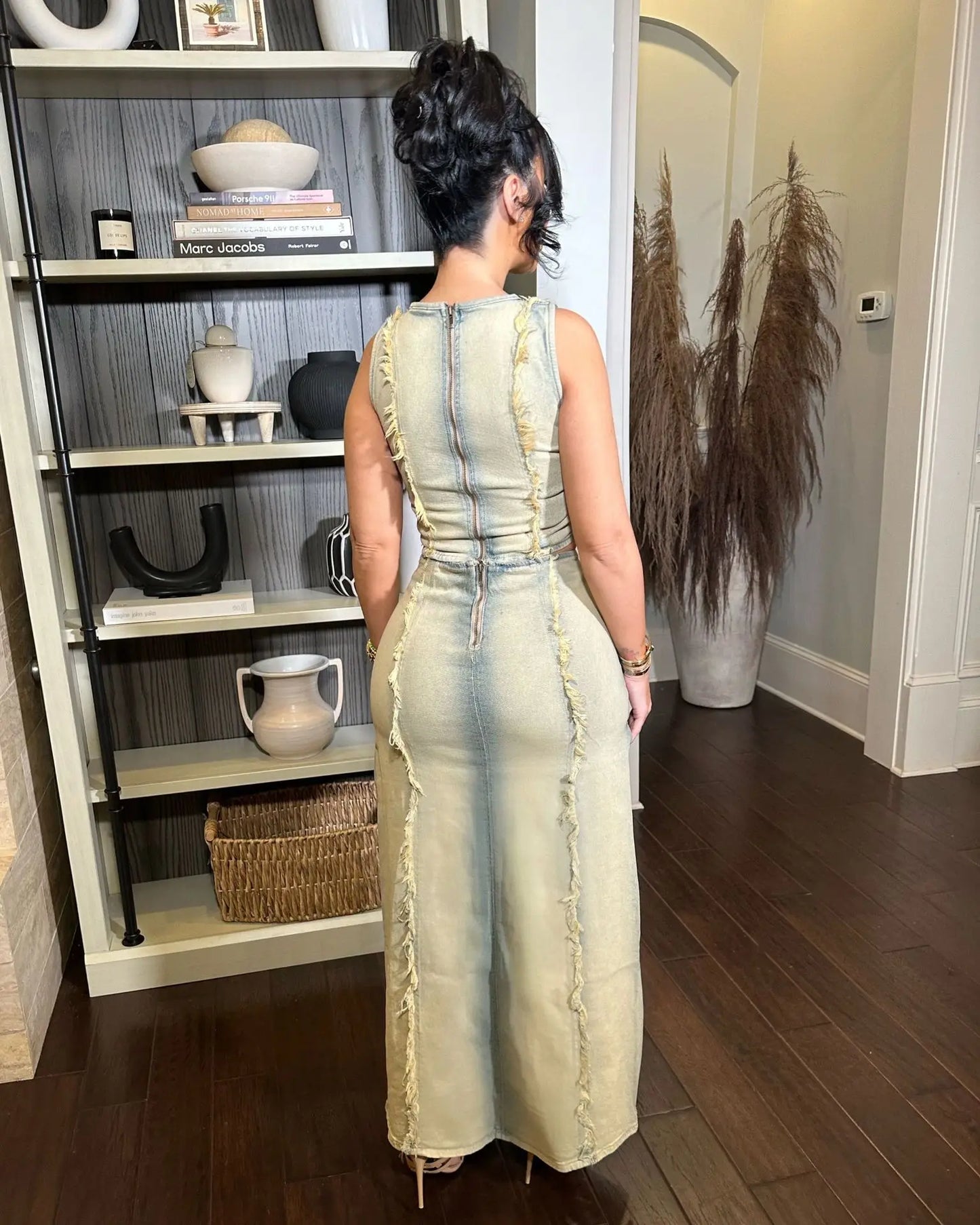 Maxy Women Sleeveless Crop Tank Tops and Split Side Maxi Skirt Streetwear Outfits Elegant Ripped Hole Denim Two 2 Piece Dress