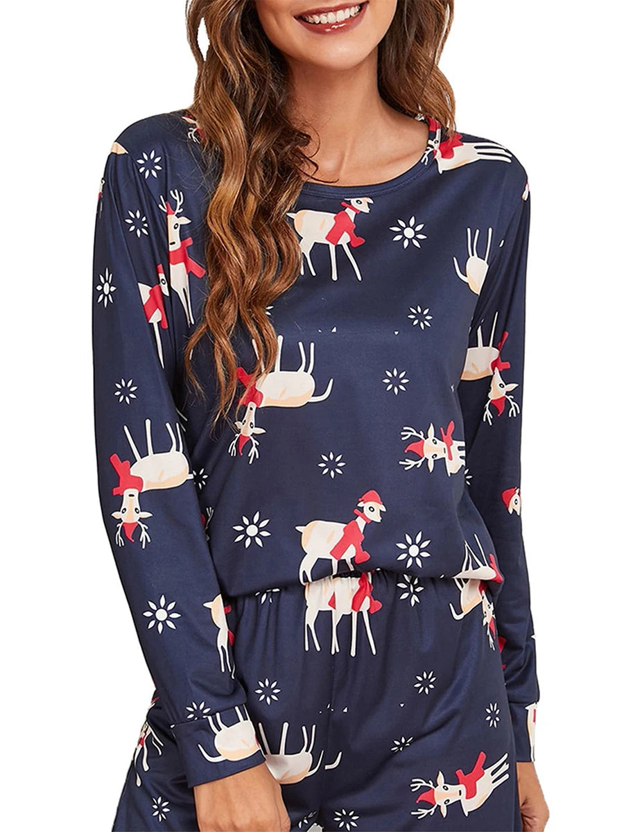 Women Christmas Pajama Set Elk Print Long Sleeve T-shirt with Pants Sleepwear Loungewear