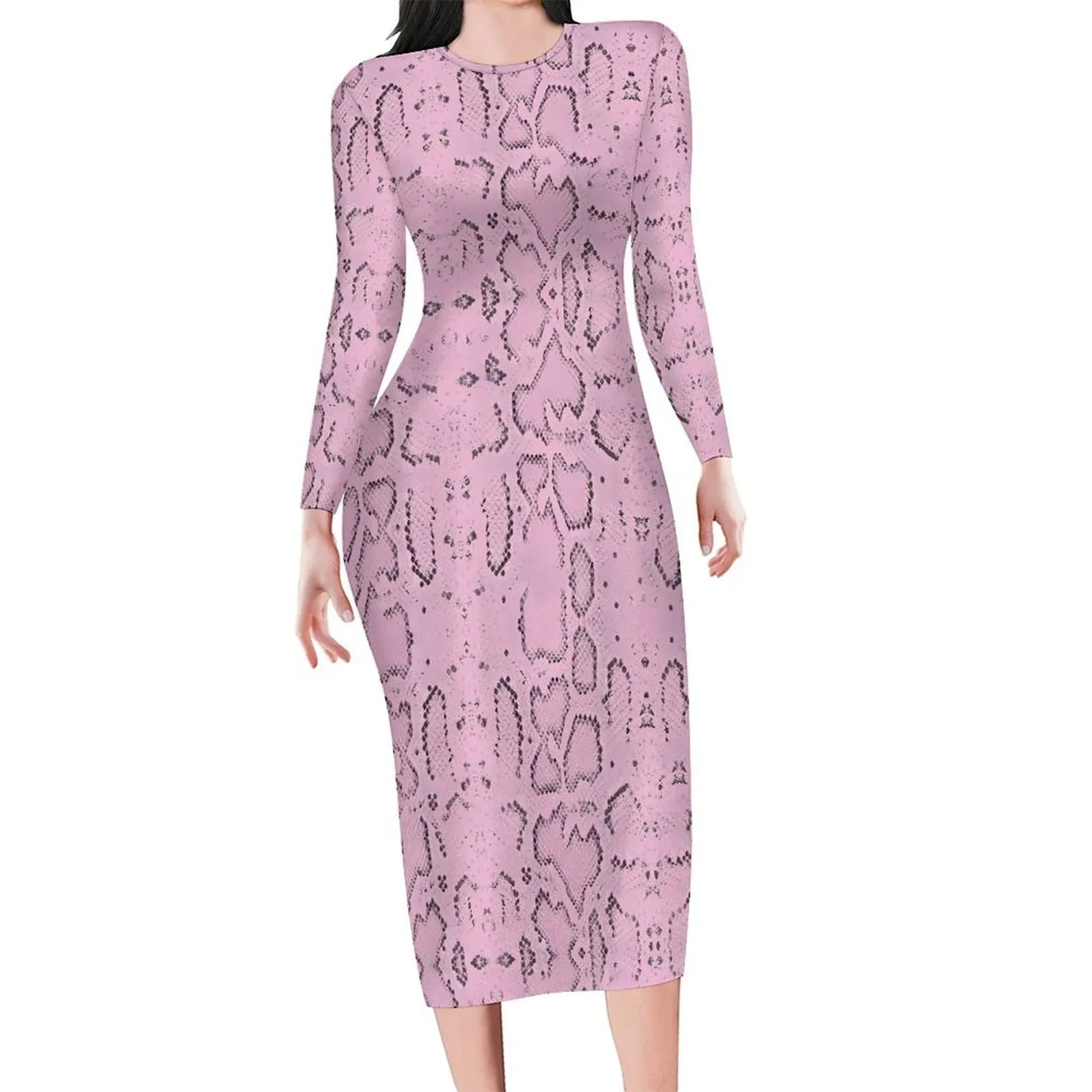 Amay Snakeskin Bodycon Dress Ladies Pink Snake Print Kawaii Dresses Autumn Long Sleeve Street Fashion Custom Dress Big Size 4XL 5XL