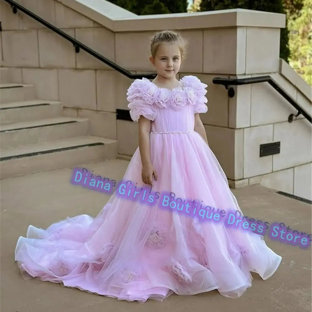 Maxy Princess Lovely Pink Flower Girl Dress Tulle Fluffy Wedding Dresses Appliqued Tiered Princess Little Girls Birthday Party Customise Gowns