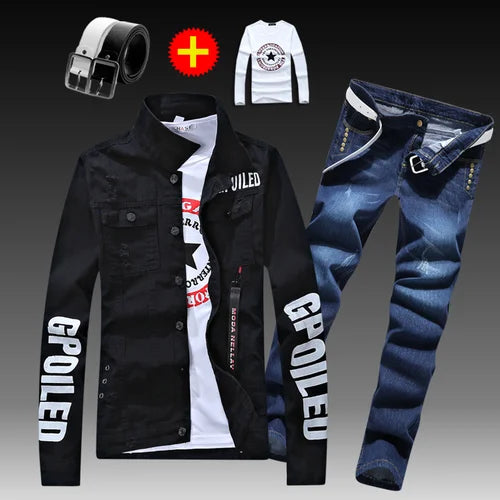 Visco Men's Slim Fit Denim Jacket Pants 2pcs Set Long Sleeve Coats Letters Printed Casual Large Size Black White Red Boys Trousers