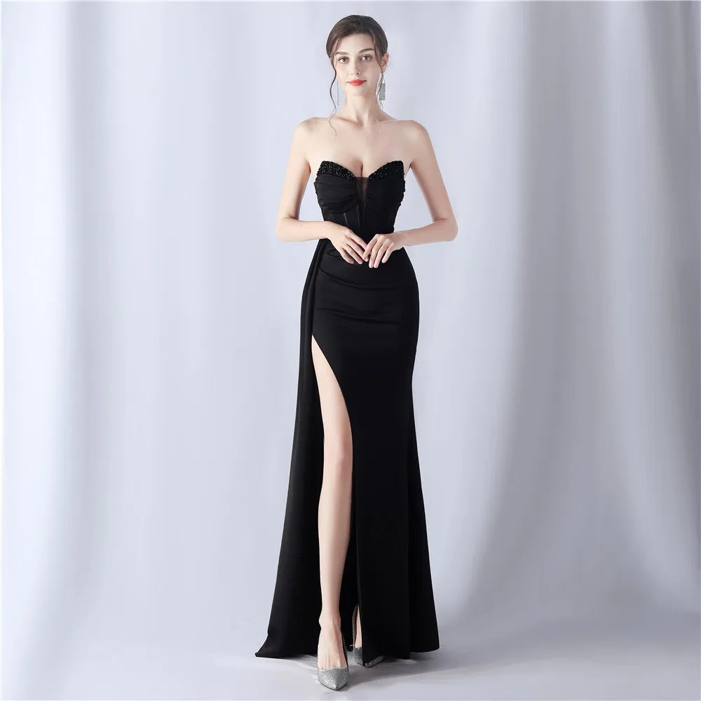 Maxy Stripless High Slit Backless Shaped Fishbone Waist Covering Heavy Industry Beaded High-End Long Prom Evening Dress