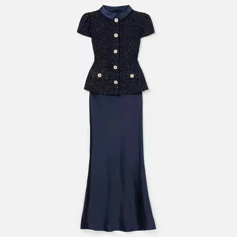 Maxy Formal Luxury Evening Dresses Women Summer Autumn Single Breasted Crystal Satin Tweed Long Dress Blue Party Dinner