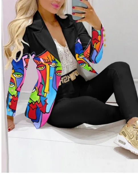 Maxy Fashion Butterfly Print Blazer Suit and Pants Two Piece Set for Women Autumn Winter Outfit Office Lady Casual Clothing