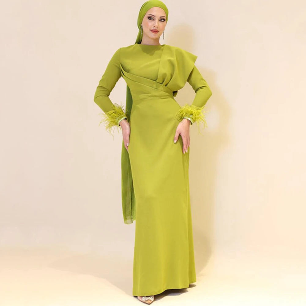 Maxy Chic Muslim Long Sleeves Evening Dress with Pleat and Feathers Straight Women Floor Length Gowns for Wedding Party Guest
