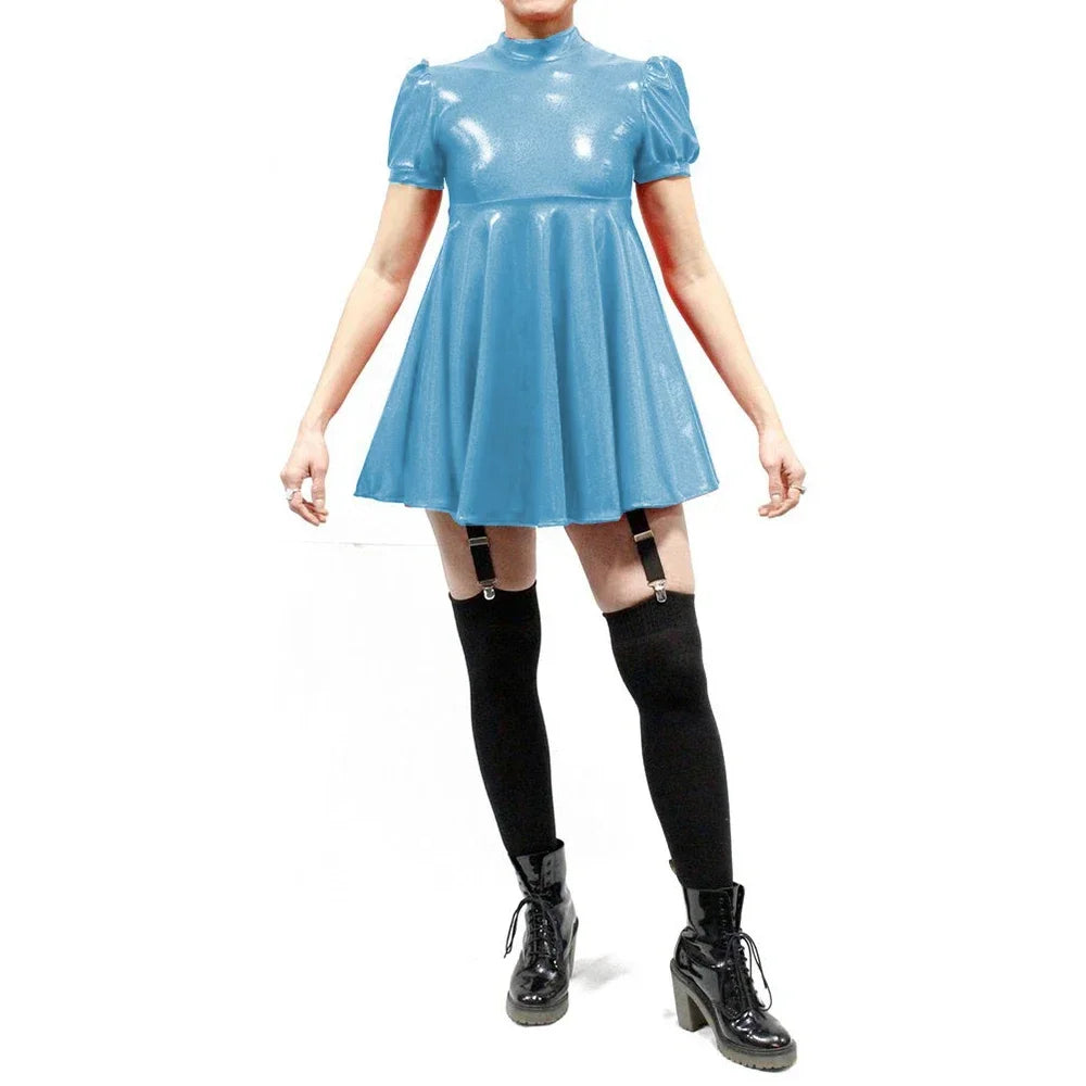 Maxy Plus Size Latex-look Mini Dresses Fashion Mock Neck Pleated A-Line Sissy Dress Rave Party Swing Short Dresses Male PVC Vestidos