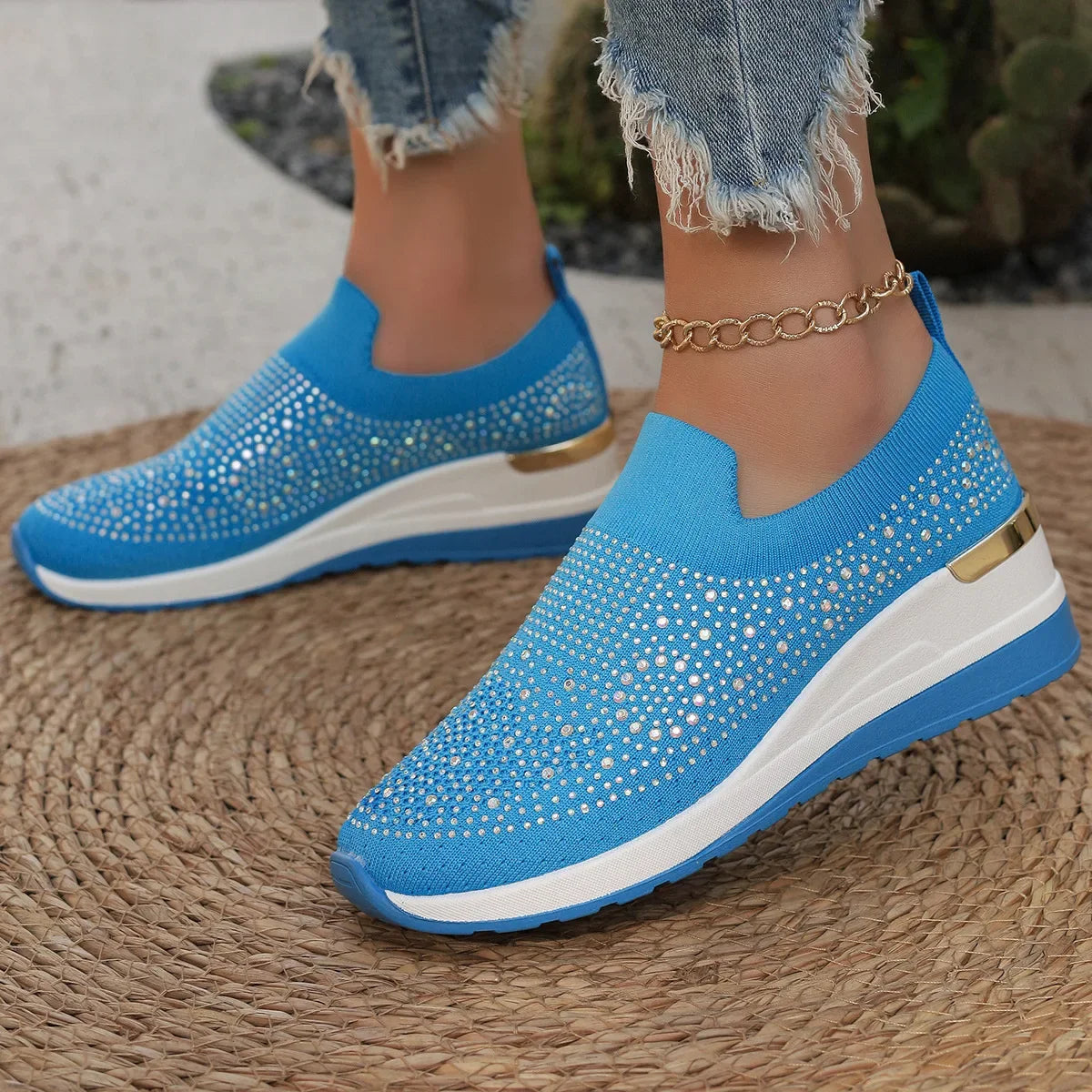 Visco Orange Rhinestone Casual Sneakers Breathable Wedge Women Lightweight Shoes Slip On New Comfortable Spring Mesh Sports Shoes