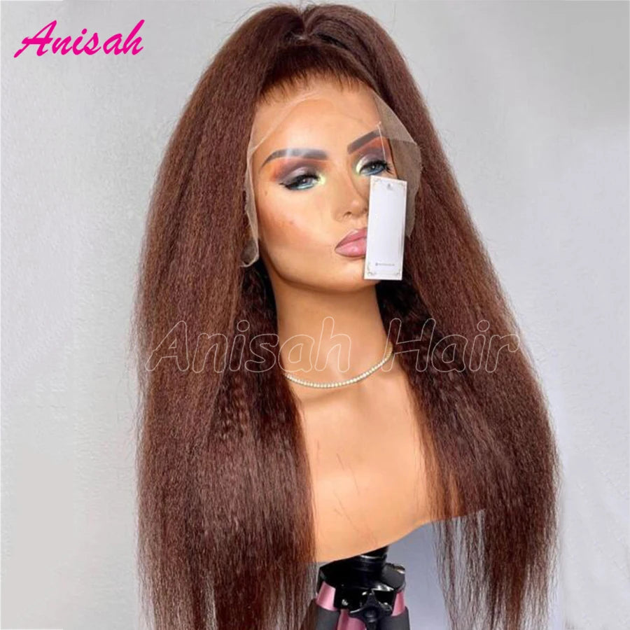 Maxy Brown Color Kinky Straight 13x6 HD Lace Frontal Wig Brazilian Glueless Yaki 13x4 Lace Front Human Hair Wigs For Women Preplucked