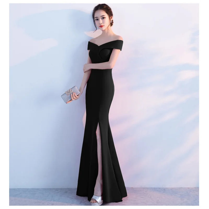 Maxy Evening Dresses Black Stretchy Off the Shoulder Zipper Back Mermaid Trumpet Slit Floor Length Women Party Formal Gowns YE006