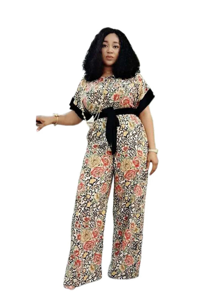 Women Printed Jumpsuit O Neck High Waist with Waist Belt Short Sleeve Elegant Retro African Female One Piece Rompers Vintage New