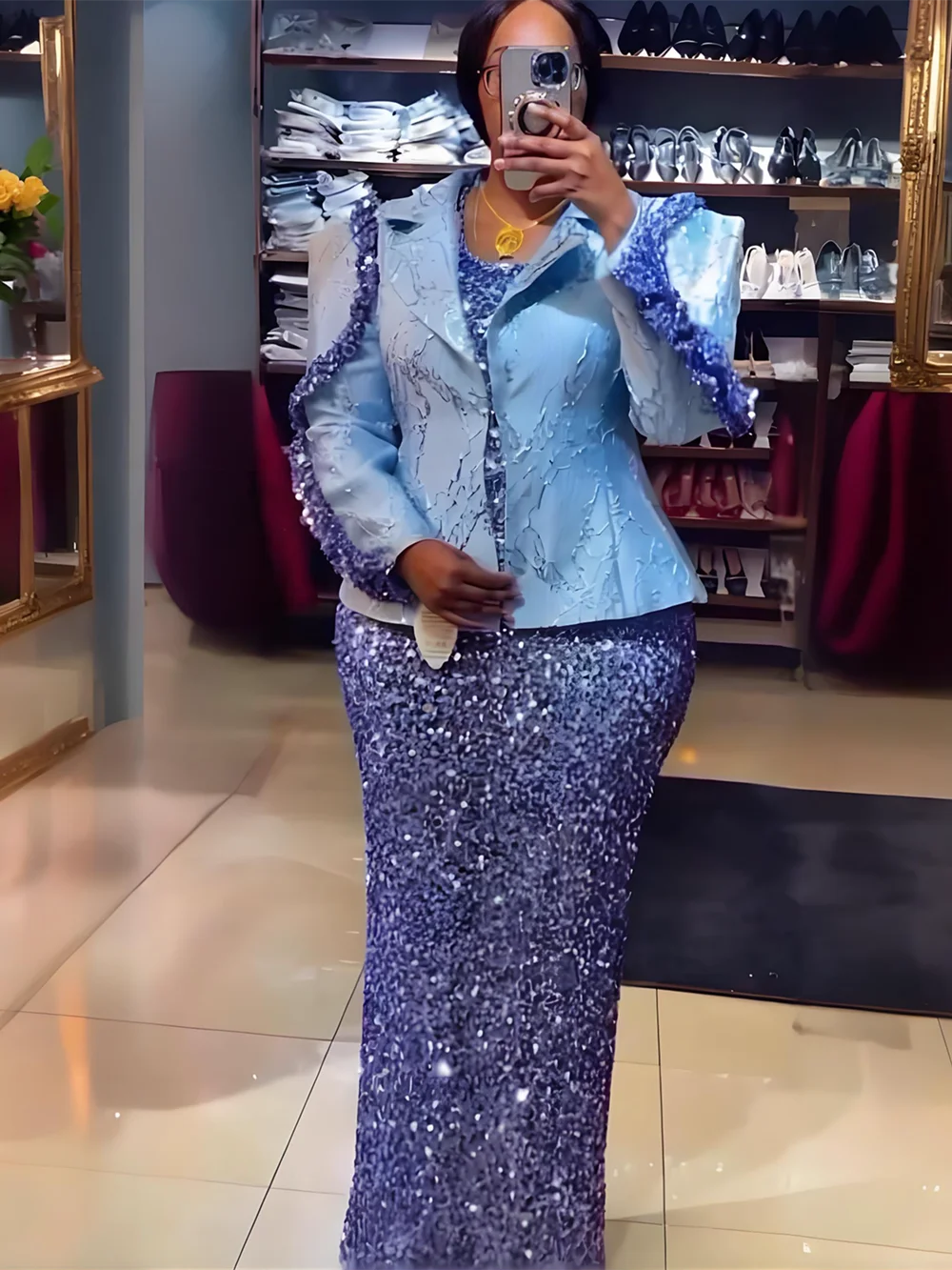 Maxy 2 PCS Sets Clothes for Women Dashiki Ankara Sequin Robe Plus Size Turkey Wedding Evening Party Dresses with Coat