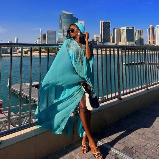 Maxy Abaya Kaftan Dubai Beaded Maxy Dress Inner Set Bat Sleeve Kaftan Muslim Women Boubou Arab Robe Gown