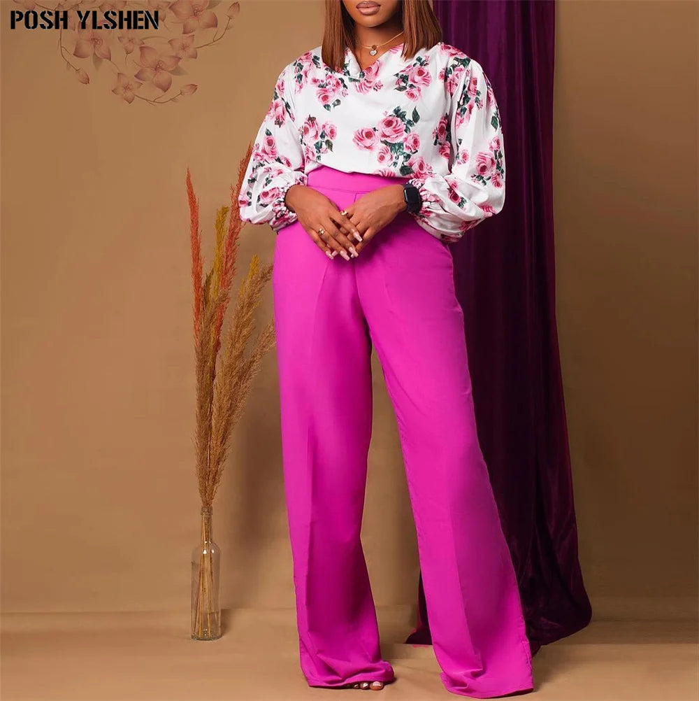 Maxy Two Piece Set Women Tracksuit Summer Fall Clothes African Dresses for Women Casual Party Print Tops Wide Leg Pants Suits Outfits