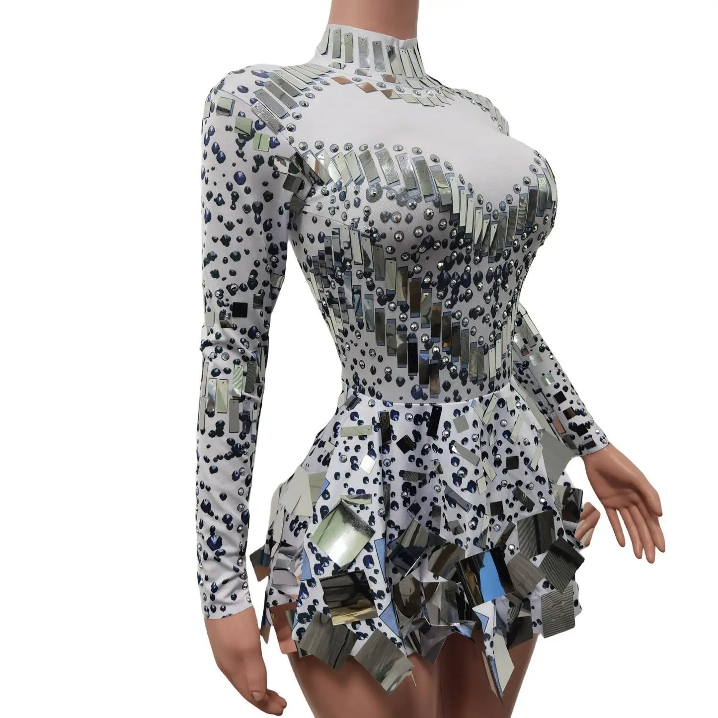Maxy Fashion Stretch Sequins Mirror Dress Women Bodysuit Dancewear Long Sleeve Drag Queen Costume Rave Festival Night Out BodySuits