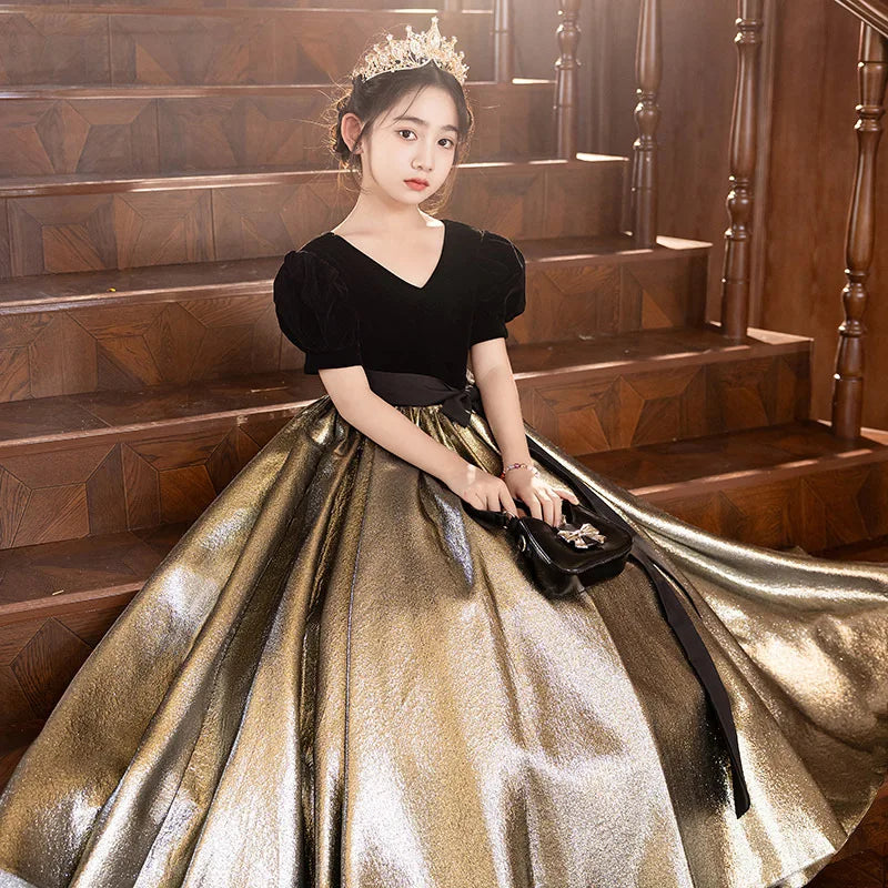 Amay New Shining Flower Girl Dresses For Wedding Lace Puffy Short Sleeve Kids Birthday Baptism Party Clothes First Communion Gowns