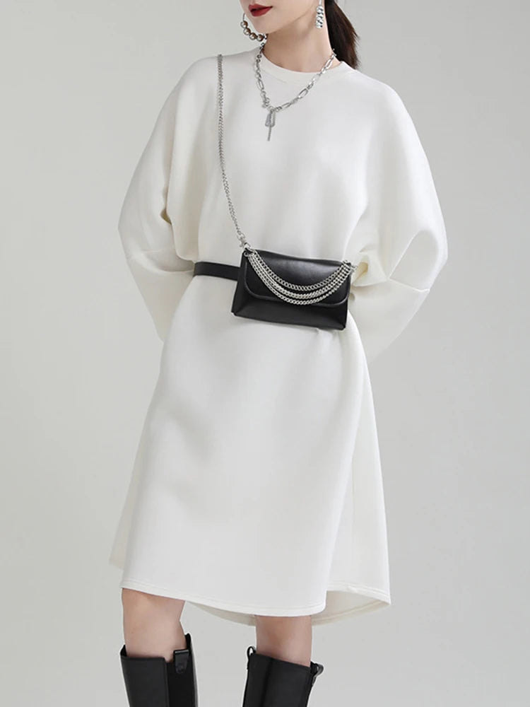 Maxy [EAM] Women White Big Size Shaped Long Dress New Round Neck Long Sleeve Loose Fit Fashion Tide Spring Autumn 1DE4098