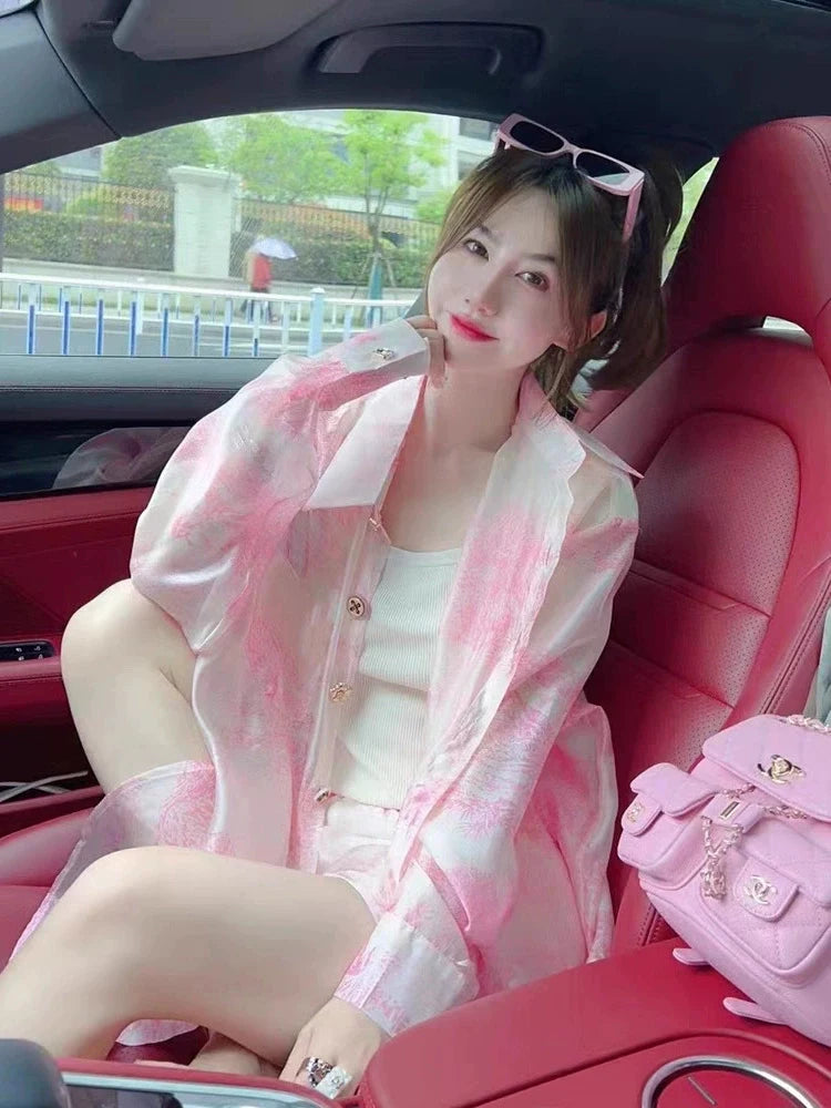 Maxy Spring Summer Thin Elastic Waist Shorts Suit Fashion Loose Lazy Two Piece Set Loose Shirts Print Casual Women Outfits