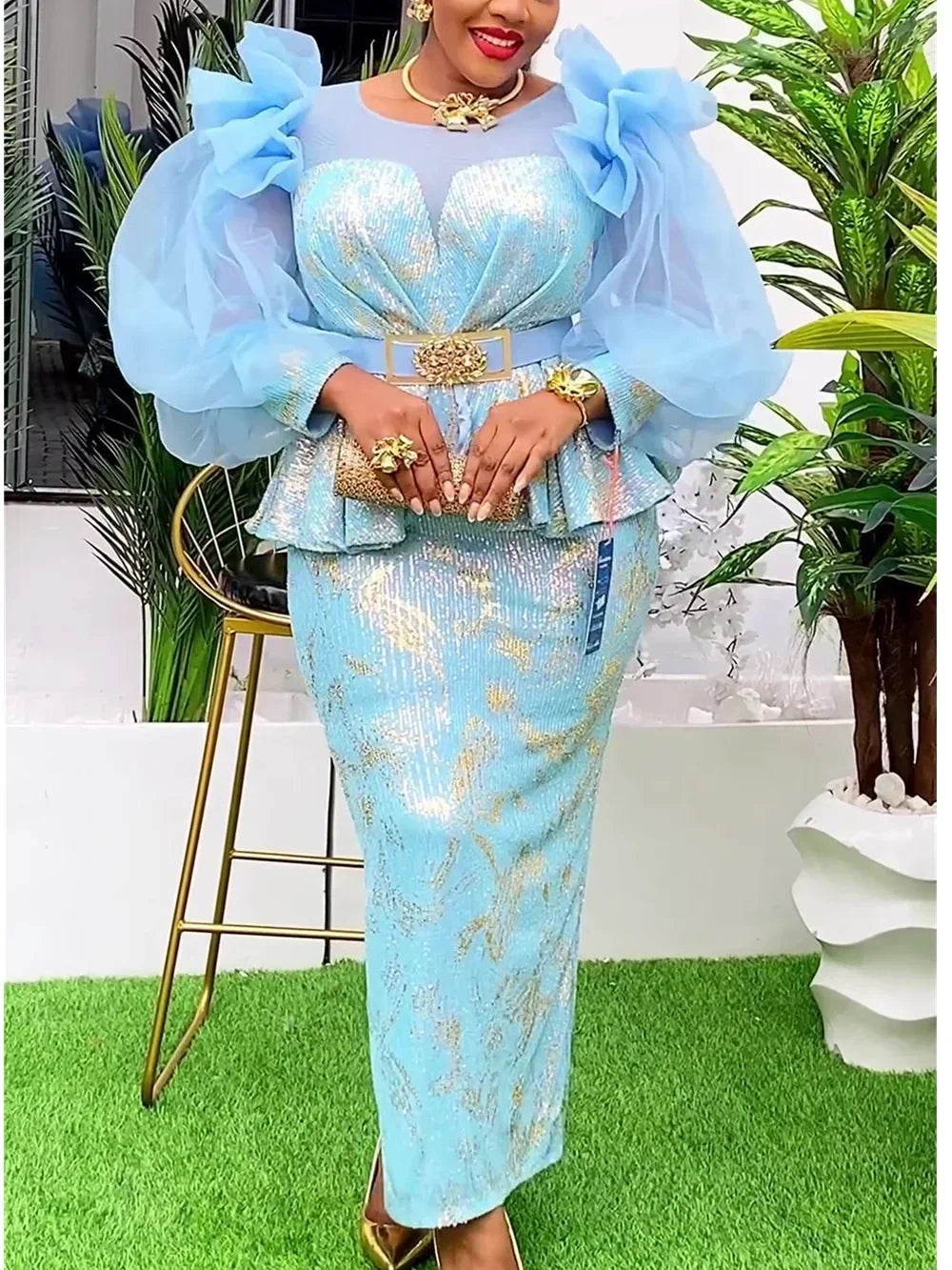 Amay Dresses for Women New Fashion Plus Size Sequin Evening Party Long Dress Dashiki Ankara Outfits Robe African Clothes