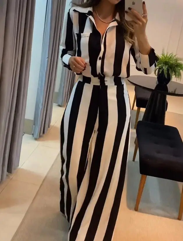 Two Piece Set for Women 2024 Spring Summer Elegant Turn-Down Collar Long Sleeve Striped Pocket Design Shirt & Wide Leg Pants Set