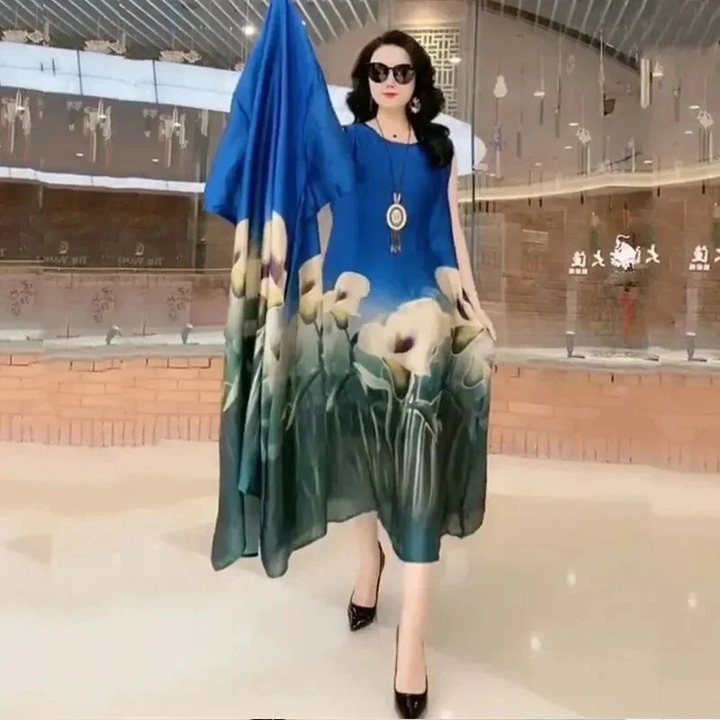 Maxy Middle Aged Mother Dress Suit Summer Casual Fashion Printing Two Piece Suits Long Dress Suits Women Temperament Dress Sets 729