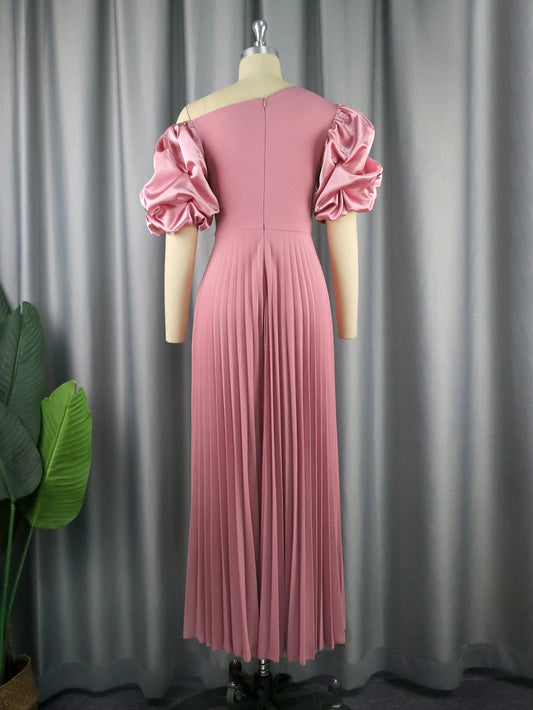 Amay Cold Shoulder Dresses Plus Size Short Puff Sleeve Pink Empire A Line Pleated Prom Outfits for Ladies Event Party 3XL 4XL