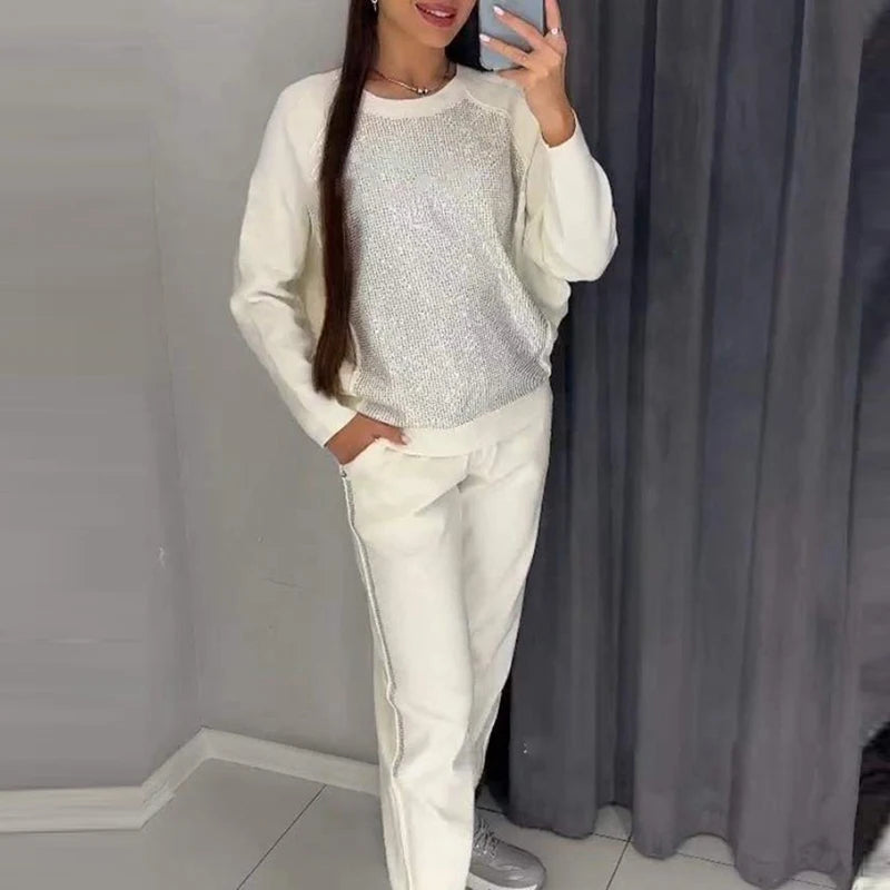 Maxy Fashion O-neck Long Sleeve Pullover & Long Pant Suit Casual Long Sleeve Solid Sweatshirt Set Elegant Sequin Patchwork Sport Set
