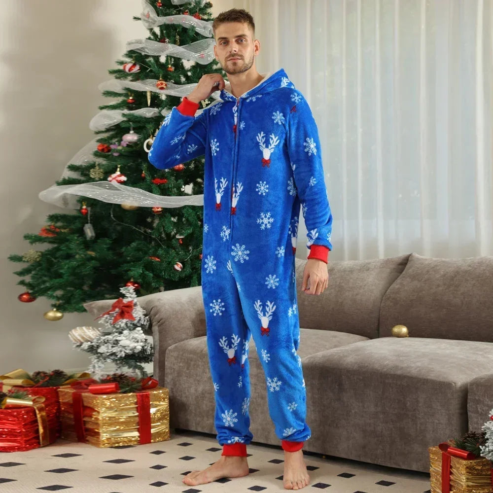 New Year's Clothes Flannel Warm Thicken One-Piece Suit Christmas Pajamas Set Zipper Hooded Jumpsuit Romper Xmas Family Look Pjs