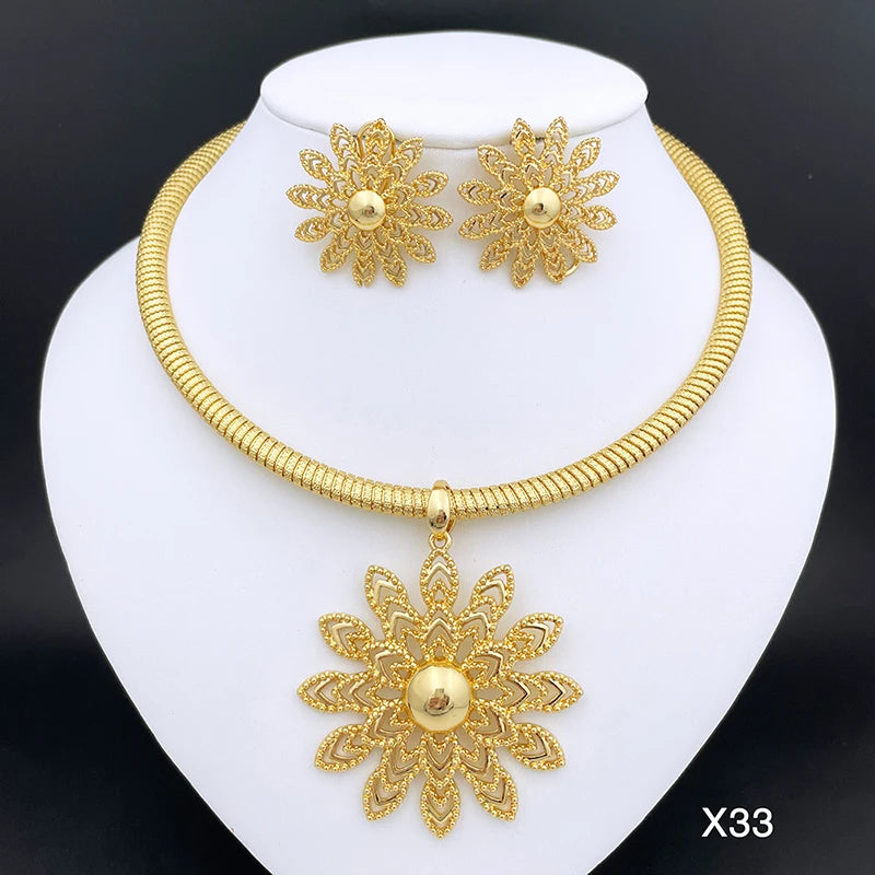 Women Necklace Earrings Set 18K Gold Plated Dubai  Fashion Jewelry Nigeria Bride Jewelry Wedding Party Gifts