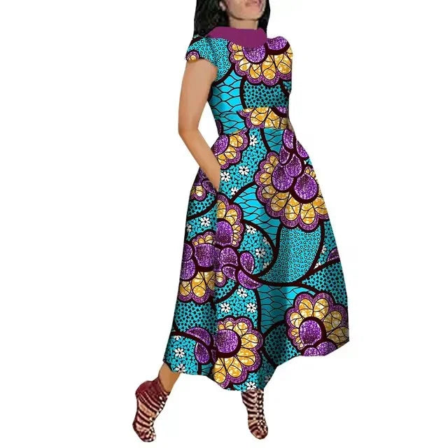 Maxy African Maxy Dress for Women Private Custom V-Back Short Sleeve Turn-down Collar Plus Size Casual Dress Ankara Attire Party Prom