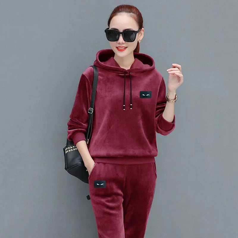 Velvet Hoodded Tops Sweatpants Tracksuit Winter Thicken 2 Piece Set Ankle Length High Waist Harem Pant Suit Jogger Woman Outfit