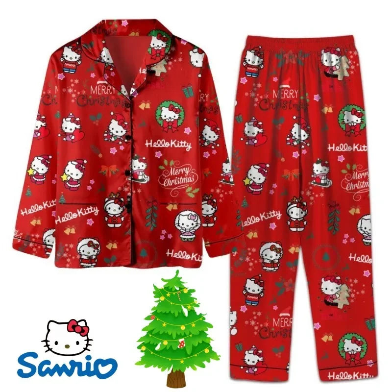Sanrio Christmas Hello Kitty Casual Pajama Girls Y2k Home Pajamas Set Kawaii Women'S Printed Kt Cat Pants Long Sleeve Gift
