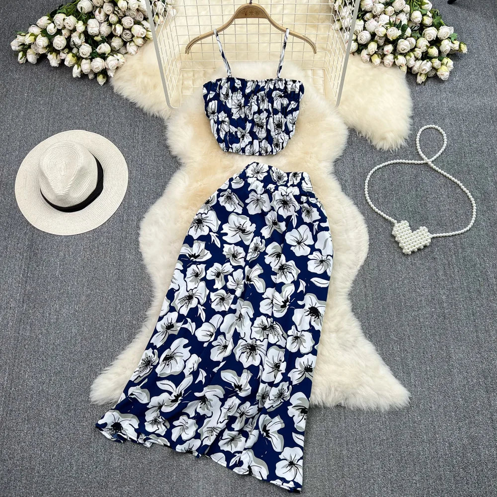 Maxy Summer Floral Print Two Pieces Set Women Fashion Elegant Casual Fold Sleeveless Tops And Long Skirt Sexy Slim 2 Piece Sets