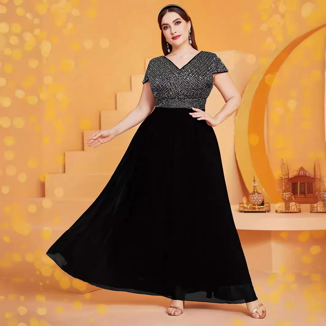 Women Plus Size Party Dresses 2024 New Fashion V-neck Short-sleeved Sequin Dress Fashion Temperament Elegant Evening Dresses