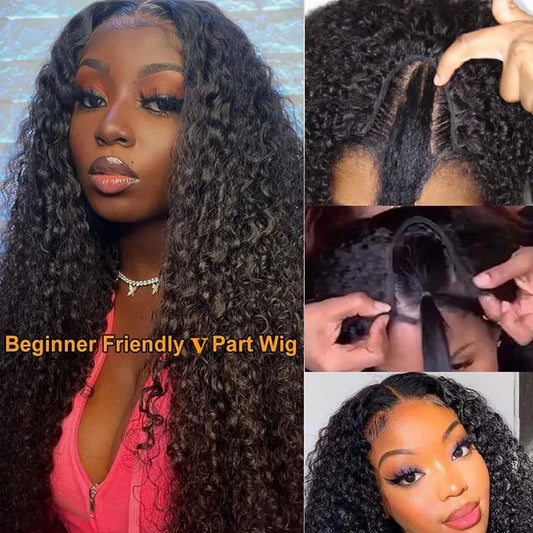 Amay V Part Wig Human Hair Curly No Leave Out V Part Wig for Black Women Kinky Curly Glueless Clip In Half Wig 180% D Natural Color