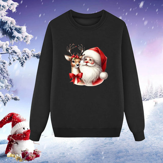 Christmas Family Set Santa Deer Print Long Sleeve Round Neck Plus Fleece Mother Father Kid Hoodie Family Matching Family Pajamas